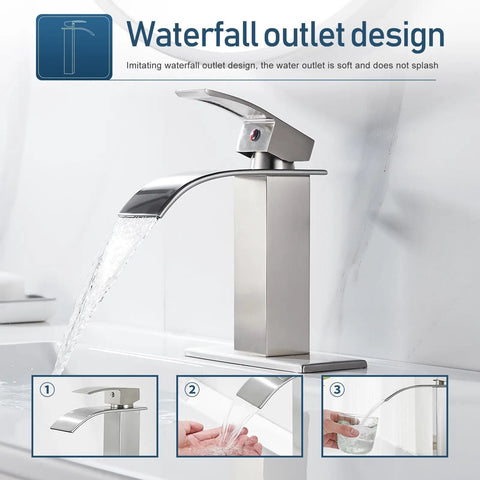 Black Bathroom Faucet Waterfall Style Single Handle With Easy Install Pop Up Drain For One Hole Or Three Hole Sinks
