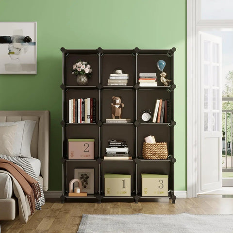 12 Cube Modular Closet Organizer With Rubber Mallet No Fuss Assembly, black shelves, home storage with books and decor pieces.