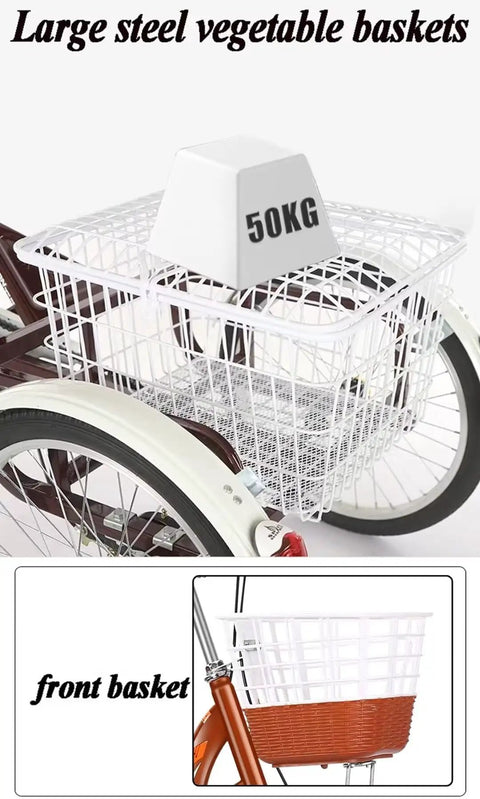 Ultimate 20 Inch Adult Tricycle With Large Rear Basket And Lid showcasing steel storage capacity and front basket design.