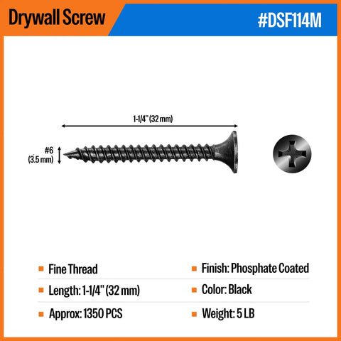 Heavy Duty Workhorse 6 X 1 1/4 Fine Thread Drywall Screws Self Tapping Phillips Drive, black phosphate, 1350 pcs