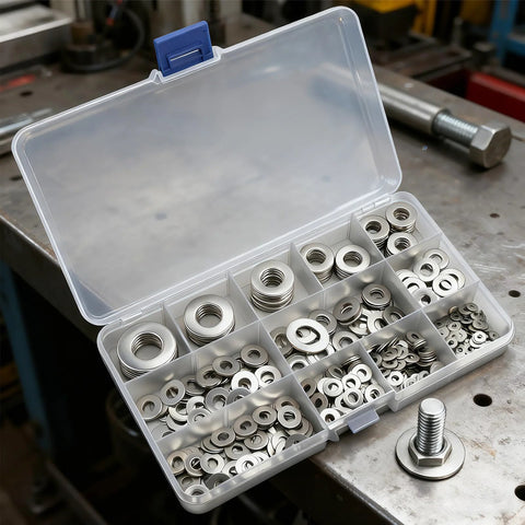 Flat washers assortment kit in a clear plastic organizer with 12 compartments holding 550 stainless steel washers, SAE sizes.