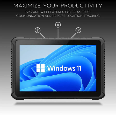 Heavy Duty Rugged Windows 11 Pro Tablet Featuring An Integrated Barcode Scanner with a 10.1-inch display.
