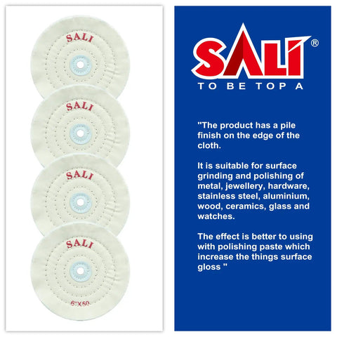 4 Pack 6 Inch Premium White Cotton Buffing Wheels For Bench Grinder 50 Ply Polishing Pads stacked in a row on a white background.