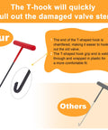 Comparison showing T-hook from Quick Tire Valve Change Tool Kit For Cars Trucks And ATVs with chamfered end and nylon handle