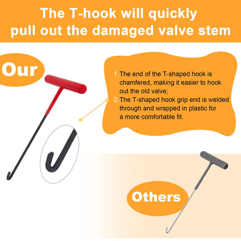 Comparison showing T-hook from Quick Tire Valve Change Tool Kit For Cars Trucks And ATVs with chamfered end and nylon handle