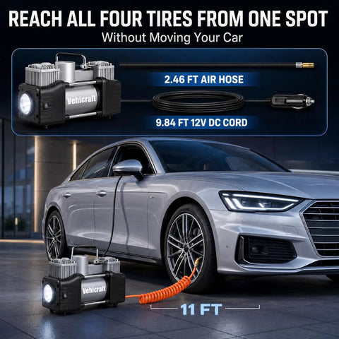 This slick 12V Tire Inflator Is A Total Game Changer With Its Fast Dual-Cylinder Pump That Delivers Up To 150 PSI Of Rock Solid Air Pressure For Your Car, Truck, SUV Or RV Making It The Ultimate Portable Emergency Tool Everyone Needs