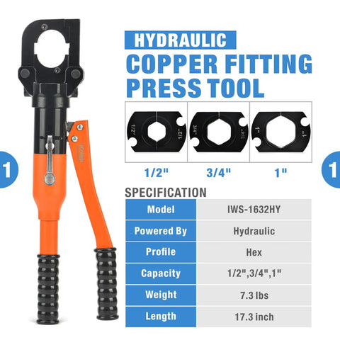 Hydraulic Copper Tubing Press Tool Kit With One Half Inch, Three Quarter Inch And One Inch Propress Fittings Plus Copper Tubing Cutter And Chamfer Tool For Quick, Leak Free Plumbing Jobs with three die sets.