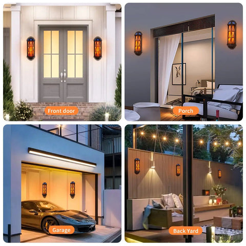 74 LED Flickering Flame Solar Wall Lights Outdoor Sconces auto on off waterproof lanterns in various settings.