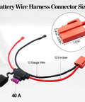 Red 2 Pin Battery Wire Harness Connector For 12 Volt Ride On Vehicles With 12 Gauge Wire 40 Amp Fuse, Quick Disconnect