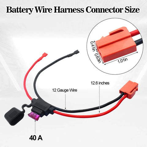 Red 2 Pin Battery Wire Harness Connector For 12 Volt Ride On Vehicles With 12 Gauge Wire 40 Amp Fuse, Quick Disconnect