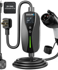 Road Ready Heavy Duty Level One And Two Electric Vehicle Wall Charger With Nema 14 30 Plug And J1772 Connector showing display and connectors.