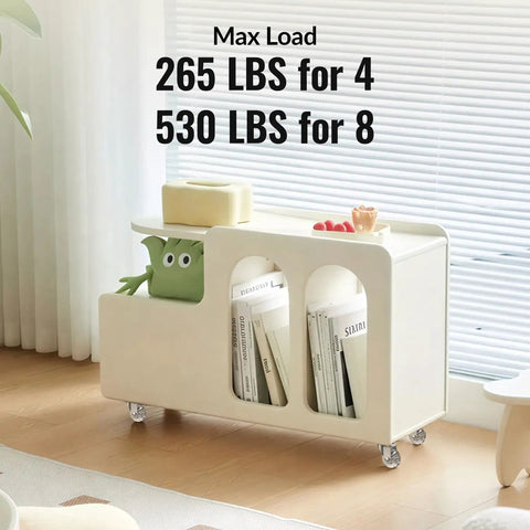 Slick Two Inch Clear Casters Featuring Top Shelf Polyurethane Build With A Heavy Duty Two Hundred Sixty Five Pound Rating For No Sweat Rolling On Hardwood Tile Or Carpet Floors Perfect For DIY Furniture Refreshes And Solid Workbench Upgrades Set Of Four, shown on a modern white furniture piece with a green toy.