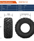 Beefed Up All Terrain ATV UTV Tires 25X10-12 6PR Tubeless Set Of 2 with tread and size specifications