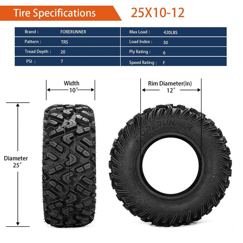 Beefed Up All Terrain ATV UTV Tires 25X10-12 6PR Tubeless Set Of 2 with tread and size specifications
