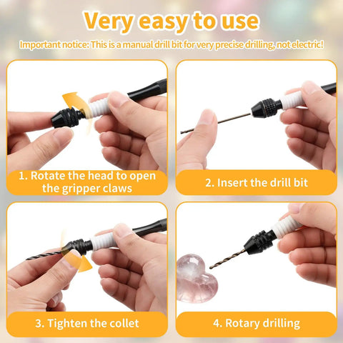 Step-by-step instructions showing Badass Ergonomic Pin Vise Hand Drill Kit With 18 Piece Micro Drill Bits 0.6Mm To 2.5Mm in use.