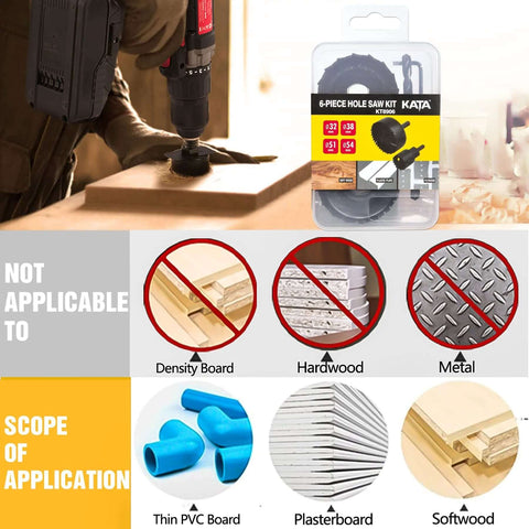 KATA 6-piece hole saw kit in plastic case with mandrels and hex key (32–54 mm)