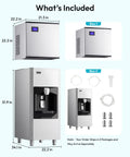 Pro-Level Commercial Icemaker Drops Heavy Cubes Quick With A Slick SECOP Motor And Zero Hassle Storage Bin with dimensions.