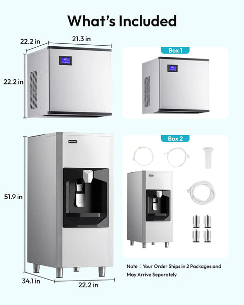Pro-Level Commercial Icemaker Drops Heavy Cubes Quick With A Slick SECOP Motor And Zero Hassle Storage Bin with dimensions.