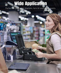 Heavy Duty Cash Box With Lock and Money Tray open on register counter in store, with clerk handling money, showcasing usage
