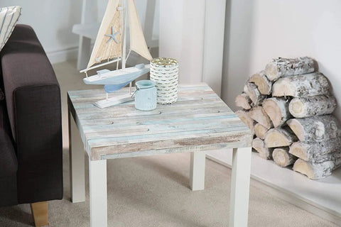 Small table with beechwood self adhesive decorative film featuring a wood grain finish in a living room setting