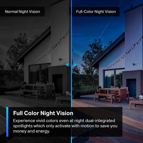 2K QHD Outdoor Security Camera With 24 Hour Recording, demonstrating starlight color night vision vs normal night vision on a house