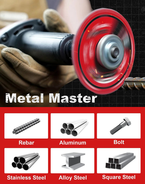 EZARC diamond cutting wheel on a die grinder; red spinning abrasive wheel, 2-pack for metal work.