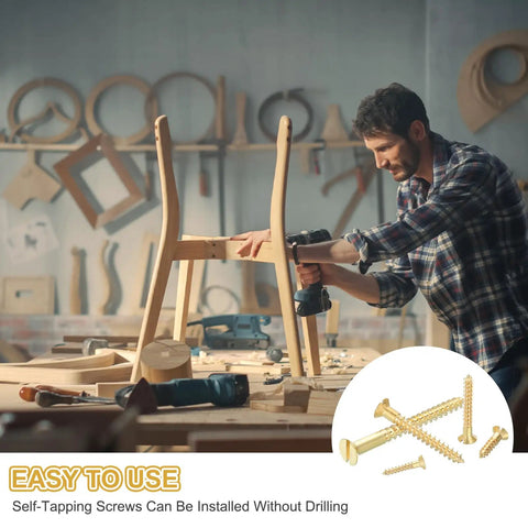 Man using Brass Slotted Flat Head Wood Screws M4 x 30mm Self-Tapping For Indoor Furniture Appliances And Woodworking No-Fuss Quick Fix For Cabinets DIY Projects Fences And Home Improvement Pack Of 12 on wooden chair in workshop.