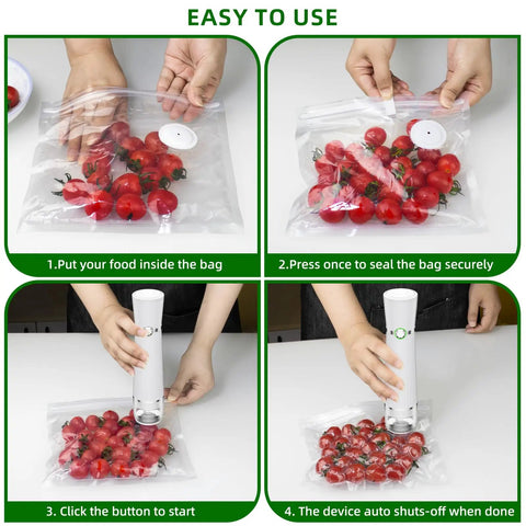 Handheld Food Vacuum Sealer That Keeps Food Fresh Up To Ten Times Longer in use with cherry tomatoes in clear bag