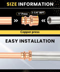 Image illustrating Must-Have 40 Pack 1-1/4 Inch Male NPT To 1 Inch Copper Press Adapter Set details and size information.