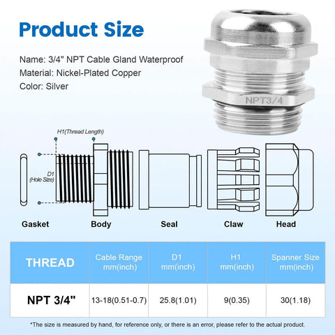 Heavy Duty Four Pack Nickel Plated Copper Waterproof Cable Glands IP68 Built To Last Adjustable Glands With Gaskets And Locknut