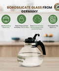 Stove Top Borosilicate Glass Whistling Tea Kettle 12 Cup 48oz BPA Free German Made See Through Boil For Gas Electric Ranges