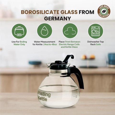 Stove Top Borosilicate Glass Whistling Tea Kettle 12 Cup 48oz BPA Free German Made See Through Boil For Gas Electric Ranges