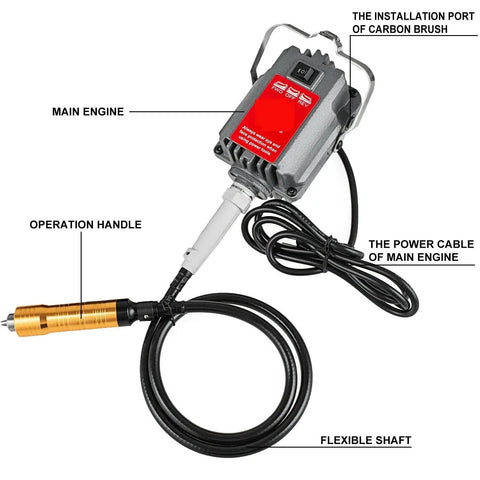 Heavy Duty Flex Shaft Polishing Machine With Foot Pedal And Six Point Five Millimeter Chuck For Jewelry Engraving And Stone Carving At Eighteen Thousand Rpm With Copper Motor Built Tough And Zero Hassle main engine, operation handle, and flexible shaft detail.
