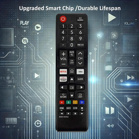 Front view of Universal Remote For Samsung LCD LED HDTV 3D Smart TVs BN59-01315J Replacement with app shortcuts on circuit board background