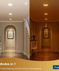 Amico 24 Pack 6 inch 5CCT LED Recessed Lighting with Night Light shown in hallway, displaying two lighting modes.