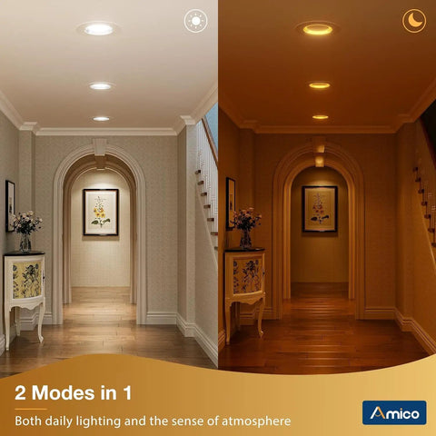 Amico 24 Pack 6 inch 5CCT LED Recessed Lighting with Night Light shown in hallway, displaying two lighting modes.