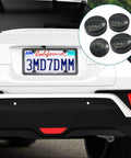Dope Black Carbon Fiber License Plate Screw Caps And Fasteners featuring chrome caps on a white vehicle's rear license plate.