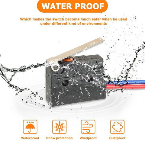 2 Pack Micro Limit Switch With Removable Lever SPDT 1 NO 1 NC 6A 12V DC Or 5A 250V AC Pre-Wired illustrating waterproof feature