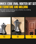 Premium Three Piece Convex Edge Oval Router Bit Set With One Half Inch Shank And Shallow Bullnose Profile for woodworking and molding.