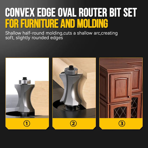 Premium Three Piece Convex Edge Oval Router Bit Set With One Half Inch Shank And Shallow Bullnose Profile for woodworking and molding.