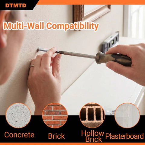 Installation of 100 Piece M6x60 Plastic Wall Anchors And Screws Kit for concrete, brick, hollow block, and drywall.