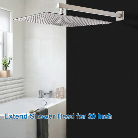 Heavy Duty 20 Inch Shower Arm Extension For Rain Shower Head With Flange And Teflon Tape Thick Stainless Steel Brushed Nickel Finish