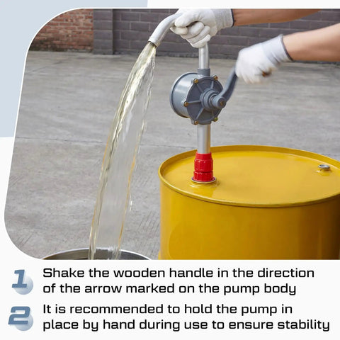 Heavy Duty Two Pack Manual Drum Pump For 55 Gallon Barrels And 15 To 55 Gallon Tanks in use transferring liquid from yellow barrel.