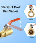 Brass Garden Hose Shut Off Valve Ball Valve Three Quarter Inch GHT Female To Male Full Flow Connector With Long Handle Open Closed