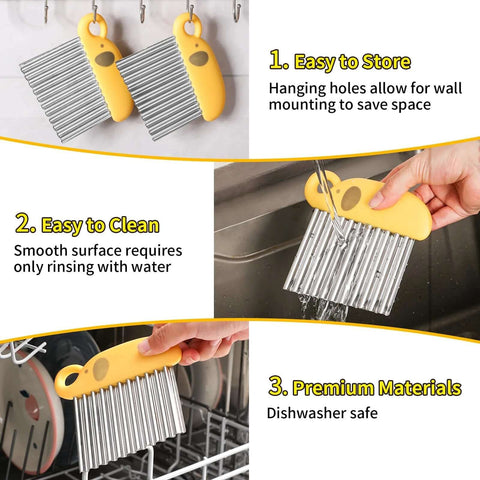 Crinkle cutter and waffle fry cutter with yellow elephant-shaped handle and stainless steel wavy blades.