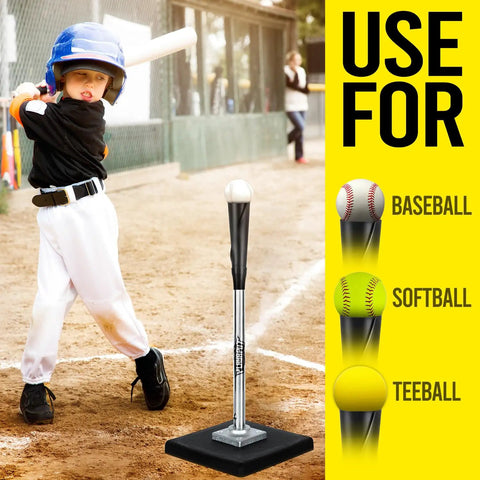 Child using Portable Batting Tee For Baseball And Softball With Adjustable Height from 25 to 37 inches on field