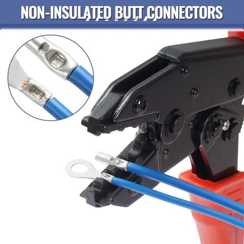 Crimping tool with beefy 460 piece non insulated butt connectors kit for 24 to 8 gauge wire uninsulated butt splice connectors.