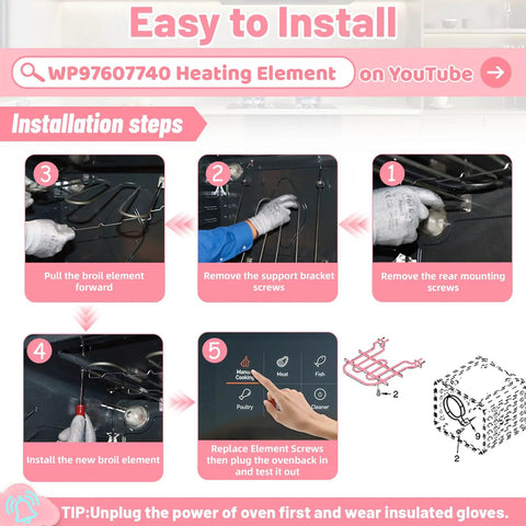 Installation instructions for Heavy Duty Oven Broil Heating Element Replacement For KitchenAid And Whirlpool Ranges Stoves Ovens Fits WP9760774