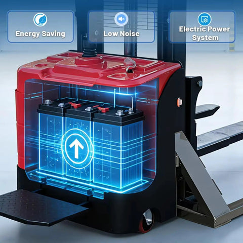 The Ultimate Full Electric Walkie Pallet Stacker With 1000kg Or 1500kg Capacity And A Smooth 3000mm Lift Height showcasing its electric power system.