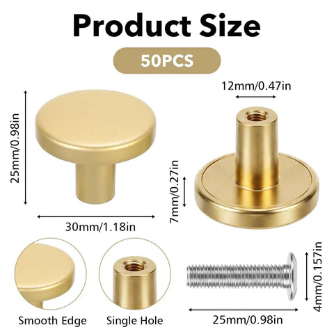 Gold Cabinet Knobs Bulk Pack 50 Pcs 1-1/6 Inch 30mm Drawer Pulls with smooth edge and single hole detail, size dimensions shown